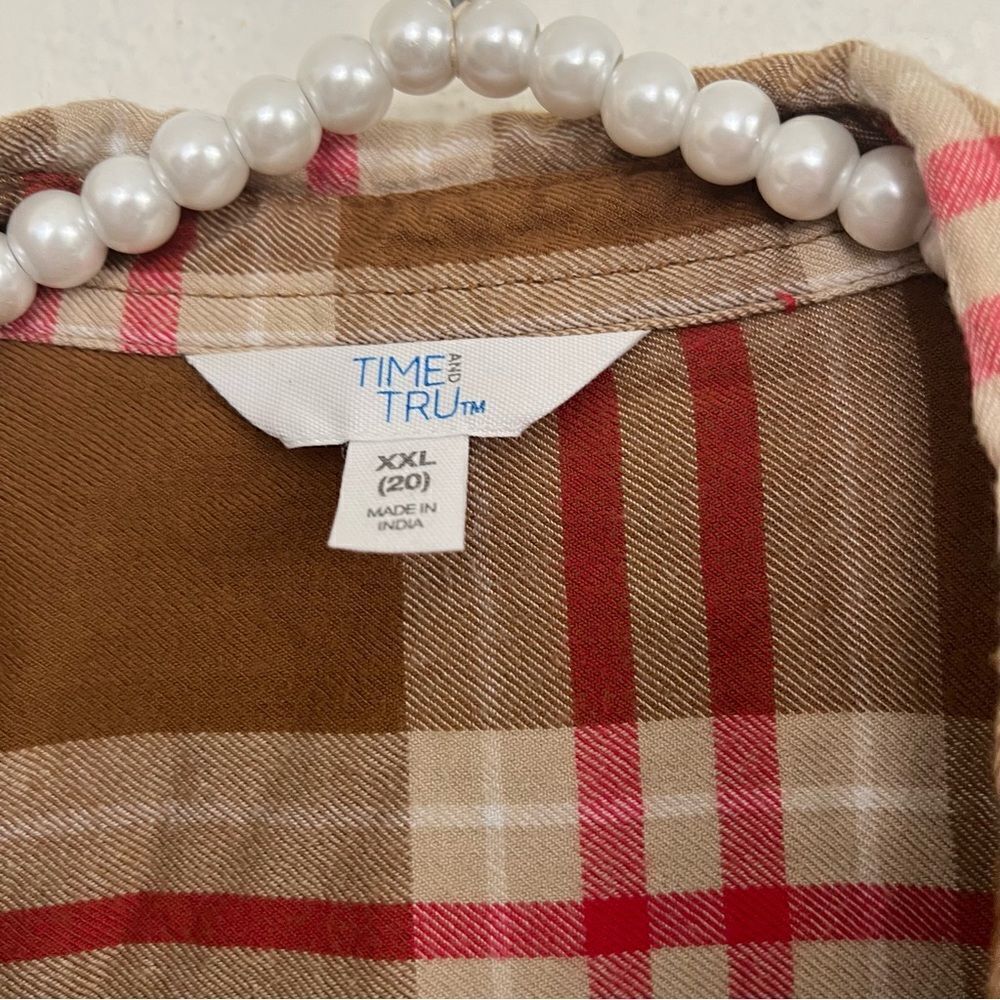 Time & Tru Plaid Long Sleeve Brown Button Front Collared Top Women’s Size XXL - Picture 3 of 10